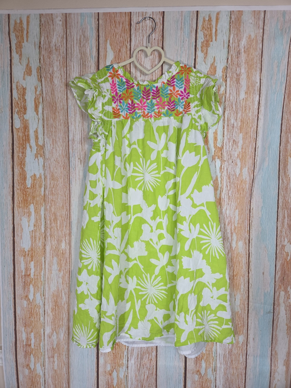 Thml Lime Green Floral Dress with Multicolor Embroidery. Size Small